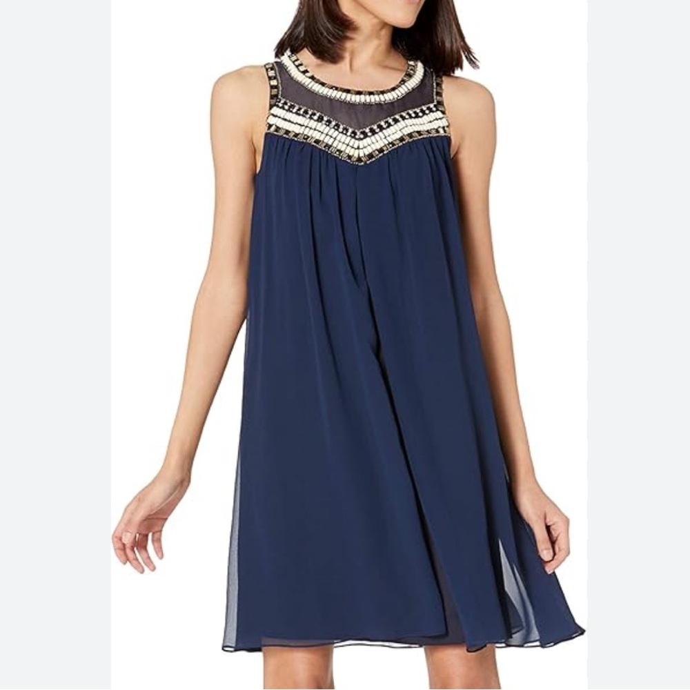 Shoshanna Size 4 Navy Blue Jezebel Beaded Chiffon Mini Dresss- DAMAGED